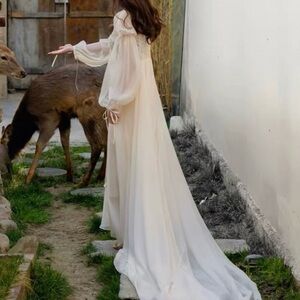 Elegant Cream Robe with Train & Slip Dress Set (M)